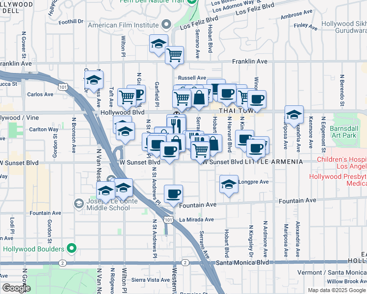 map of restaurants, bars, coffee shops, grocery stores, and more near 5425 Harold Way in Los Angeles