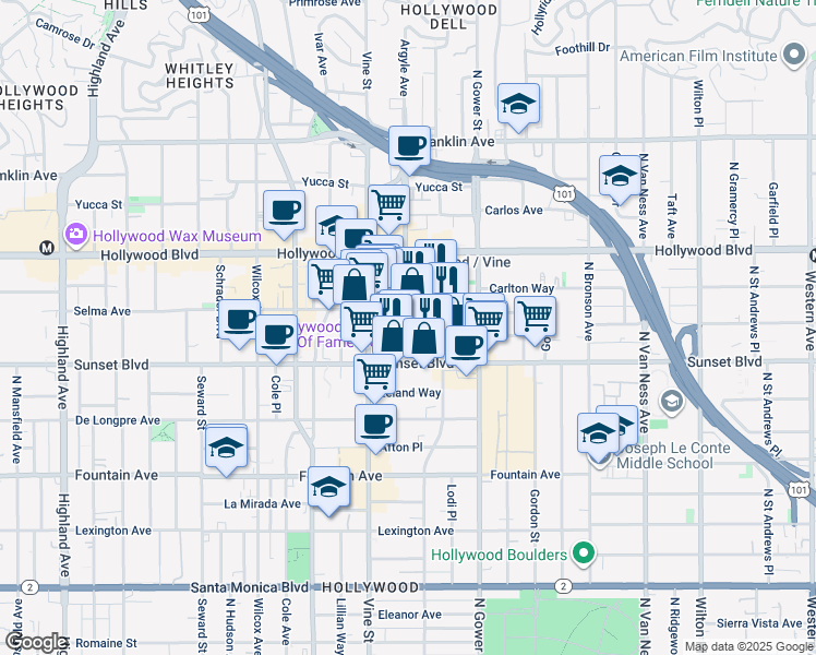 map of restaurants, bars, coffee shops, grocery stores, and more near 1559 North El Centro Avenue in Los Angeles