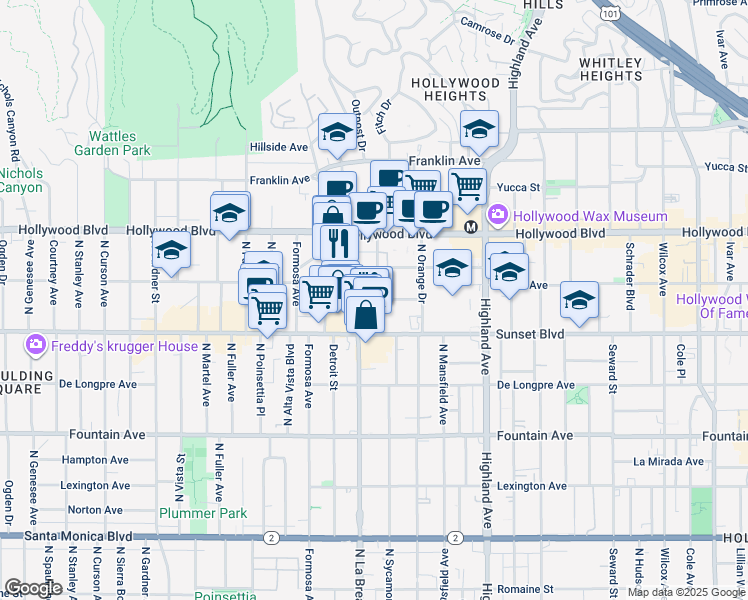 map of restaurants, bars, coffee shops, grocery stores, and more near 7075 Lanewood Avenue in Los Angeles
