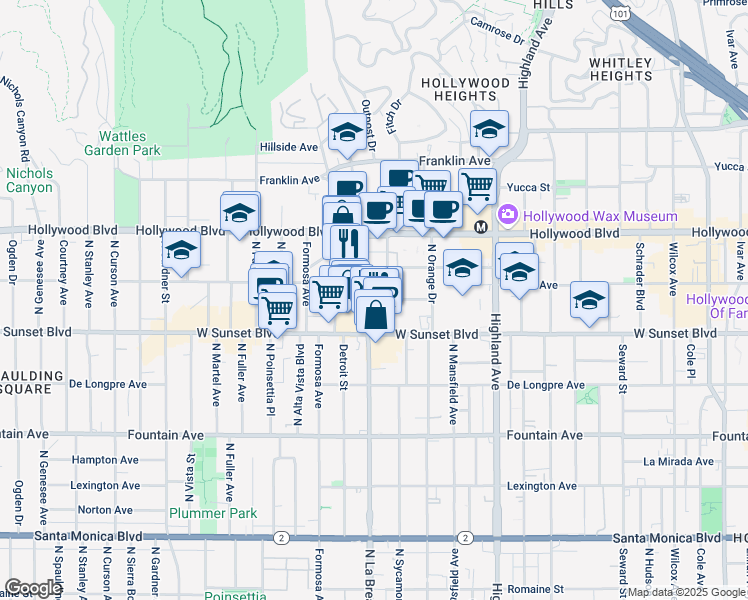 map of restaurants, bars, coffee shops, grocery stores, and more near 7075 Lanewood Avenue in Los Angeles