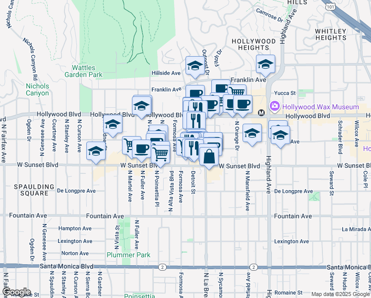 map of restaurants, bars, coffee shops, grocery stores, and more near 7124 Hawthorn Avenue in Los Angeles