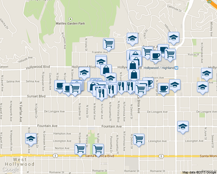 map of restaurants, bars, coffee shops, grocery stores, and more near 1550 North Fuller Avenue in Los Angeles