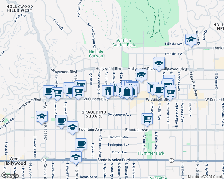 map of restaurants, bars, coffee shops, grocery stores, and more near 1546 North Stanley Avenue in Los Angeles