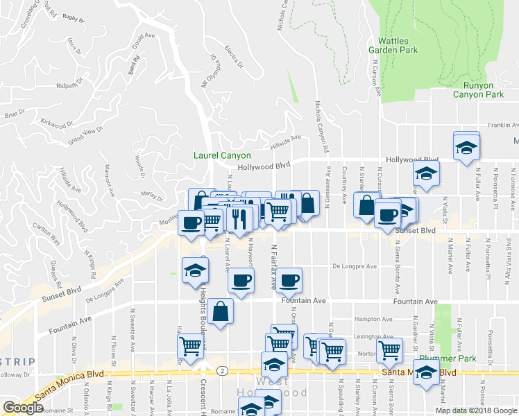 map of restaurants, bars, coffee shops, grocery stores, and more near 1547 North Fairfax Avenue in Los Angeles