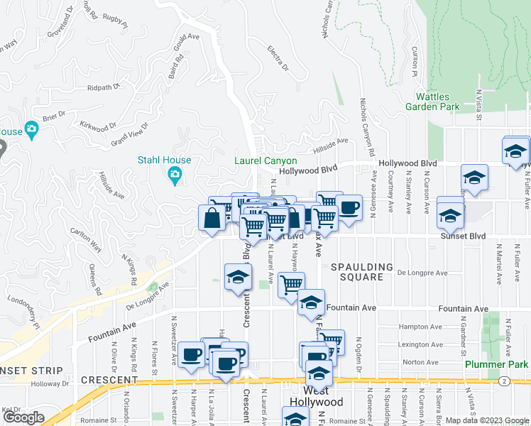 map of restaurants, bars, coffee shops, grocery stores, and more near in Los Angeles