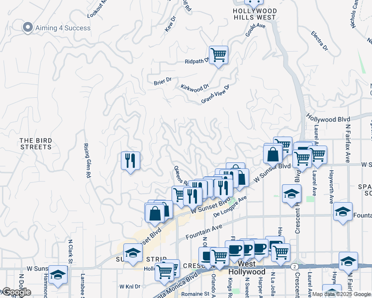 map of restaurants, bars, coffee shops, grocery stores, and more near 8501 Hollywood Boulevard in Los Angeles