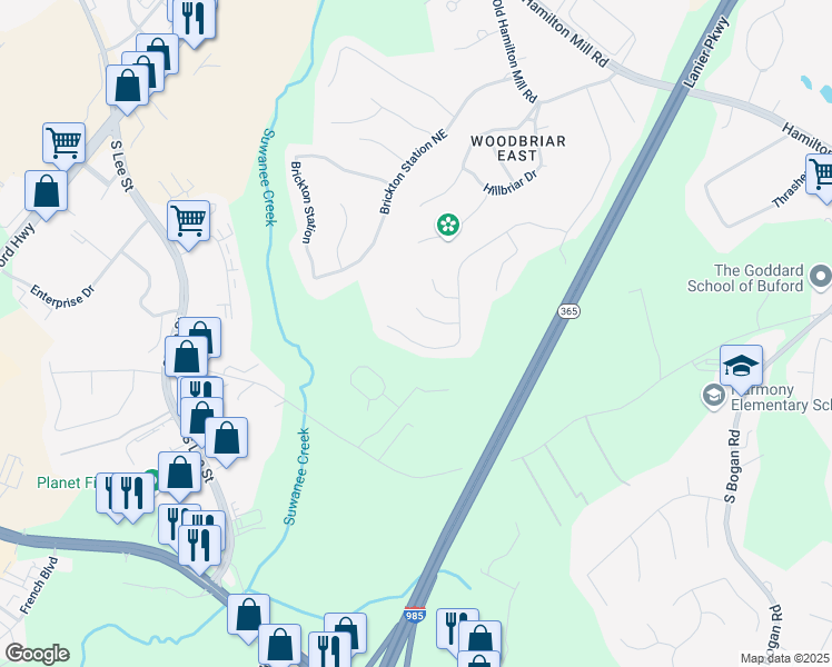 map of restaurants, bars, coffee shops, grocery stores, and more near 4585 Woodland Bank Boulevard in Buford