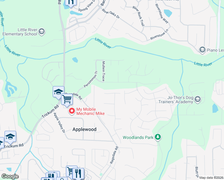 map of restaurants, bars, coffee shops, grocery stores, and more near 708 Cobb Trail in Woodstock