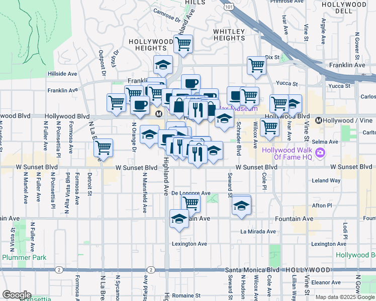 map of restaurants, bars, coffee shops, grocery stores, and more near 1545 North Las Palmas Avenue in Los Angeles