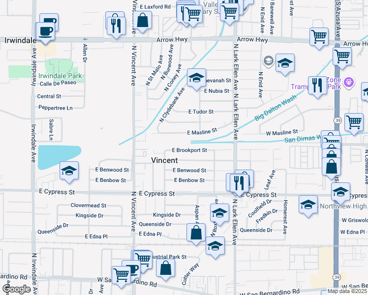 map of restaurants, bars, coffee shops, grocery stores, and more near 16651 E Brookport St in Covina