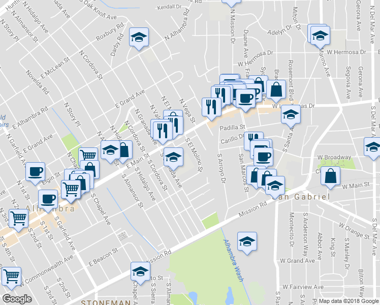 map of restaurants, bars, coffee shops, grocery stores, and more near South El Molino Street in Alhambra