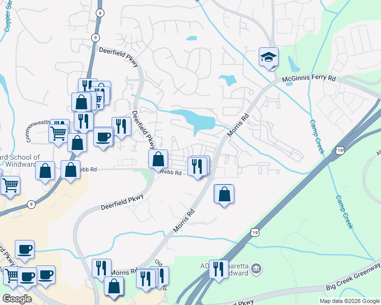 map of restaurants, bars, coffee shops, grocery stores, and more near 844 Ivy Vine Way in Alpharetta