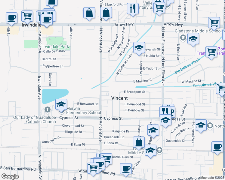 map of restaurants, bars, coffee shops, grocery stores, and more near 16500 East Brookport Street in Covina