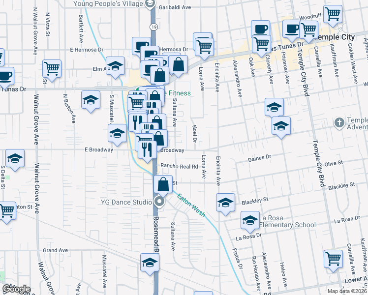 map of restaurants, bars, coffee shops, grocery stores, and more near 5511 Harker Avenue in Temple City