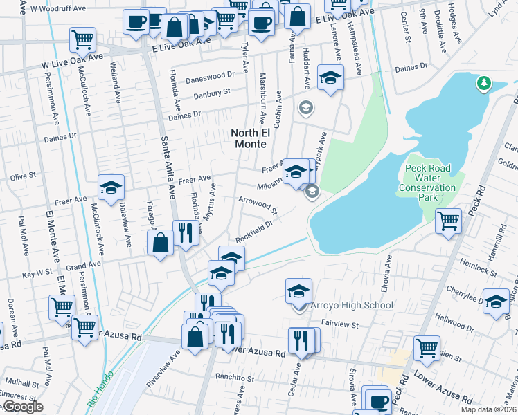 map of restaurants, bars, coffee shops, grocery stores, and more near 11242 Arrowood Street in Arcadia