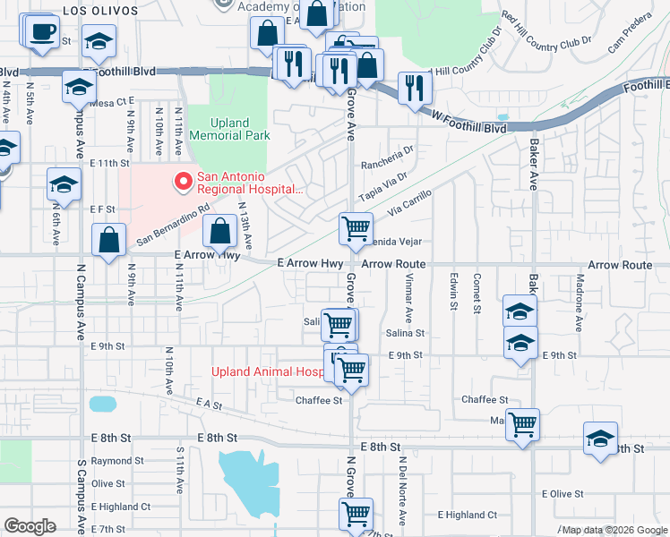 map of restaurants, bars, coffee shops, grocery stores, and more near 1467 Orange Tree Lane in Upland