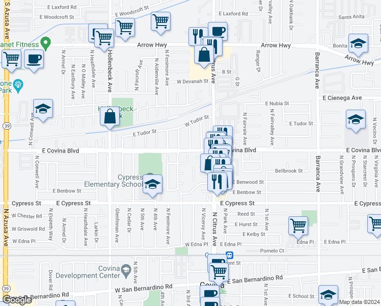 map of restaurants, bars, coffee shops, grocery stores, and more near 18408 East Covina Boulevard in Covina