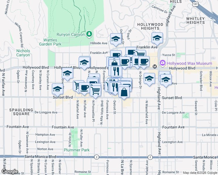 map of restaurants, bars, coffee shops, grocery stores, and more near 1541 North Detroit Street in Los Angeles