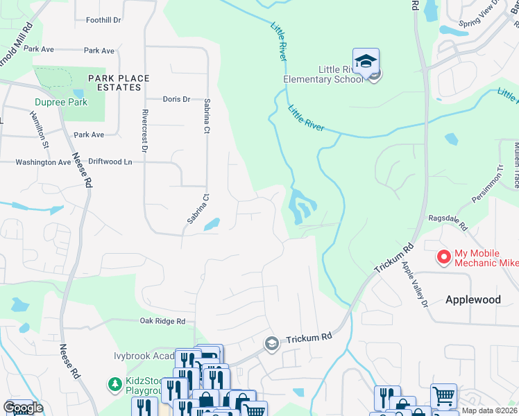 map of restaurants, bars, coffee shops, grocery stores, and more near 1419 Anona Place in Woodstock
