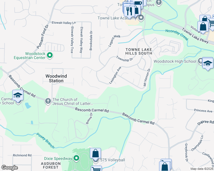 map of restaurants, bars, coffee shops, grocery stores, and more near 3053 Lexington Avenue in Woodstock