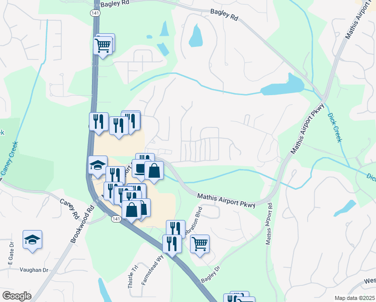 map of restaurants, bars, coffee shops, grocery stores, and more near 3065 Bunting Run in Cumming