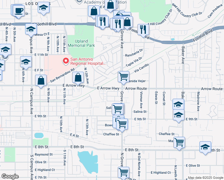 map of restaurants, bars, coffee shops, grocery stores, and more near 1469 East Arrow Highway in Upland