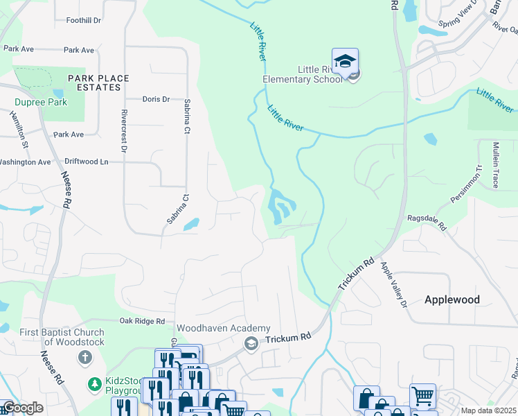 map of restaurants, bars, coffee shops, grocery stores, and more near 1080 Dunedin Trail in Woodstock