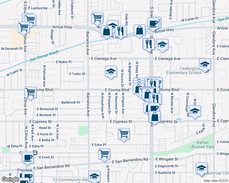 map of restaurants, bars, coffee shops, grocery stores, and more near 1079 North Starcrest Drive in Covina
