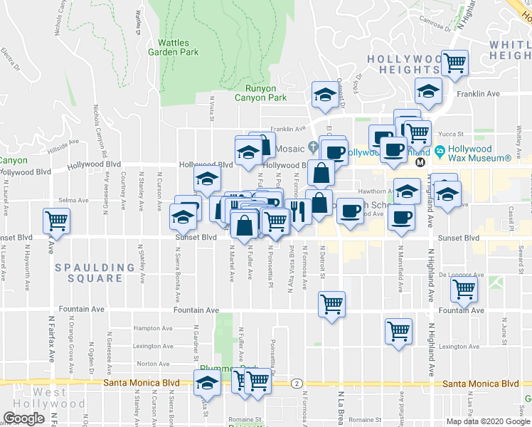 map of restaurants, bars, coffee shops, grocery stores, and more near 1540 North Fuller Avenue in Los Angeles