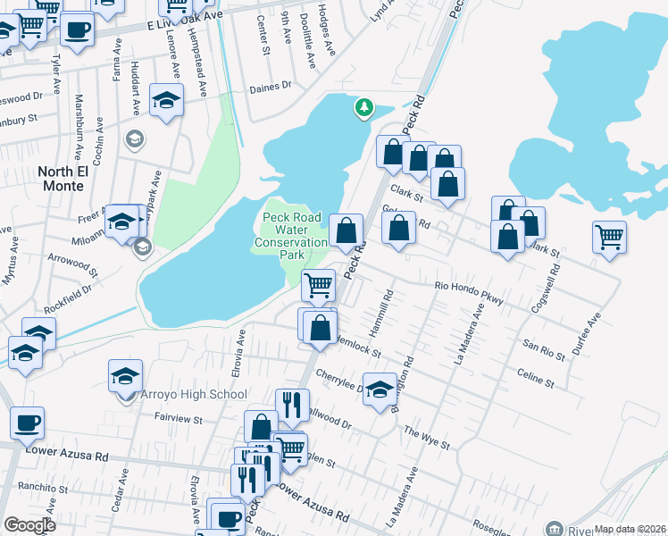 map of restaurants, bars, coffee shops, grocery stores, and more near 5343 Peck Road in El Monte