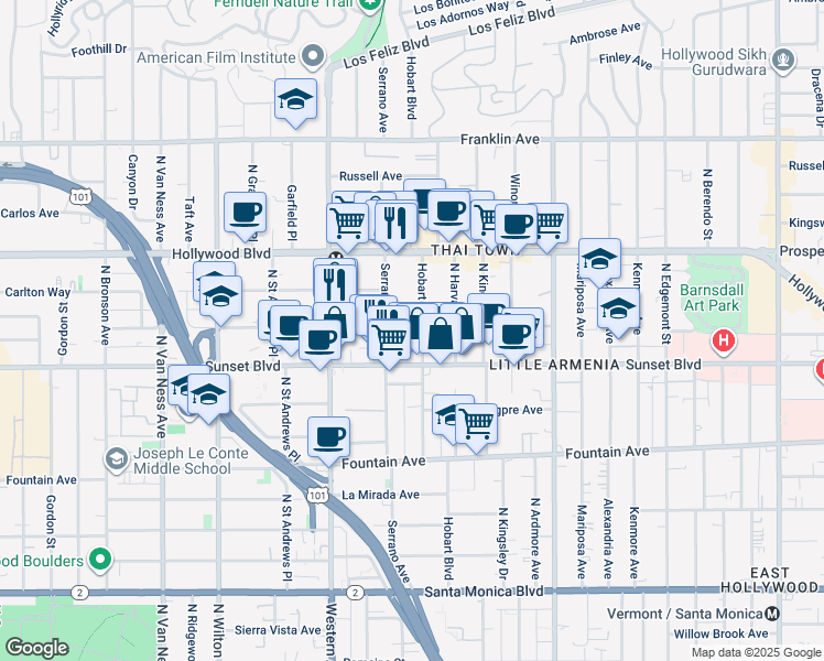 map of restaurants, bars, coffee shops, grocery stores, and more near 1535 North Hobart Boulevard in Los Angeles