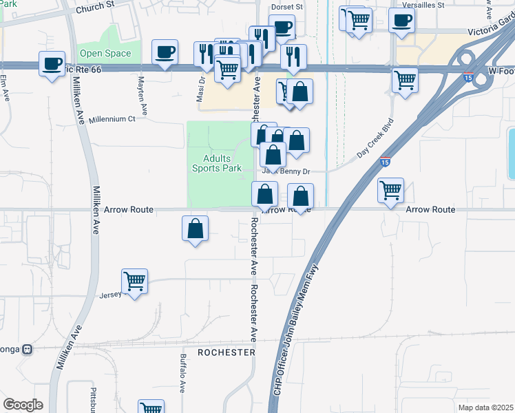 map of restaurants, bars, coffee shops, grocery stores, and more near 11900 Arrow Route in Rancho Cucamonga