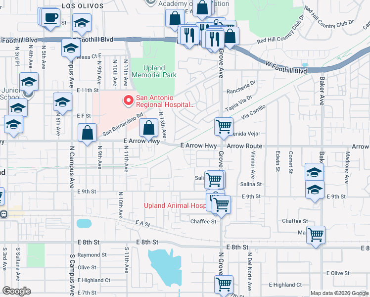 map of restaurants, bars, coffee shops, grocery stores, and more near 1431 Prairie Rose Lane in Upland