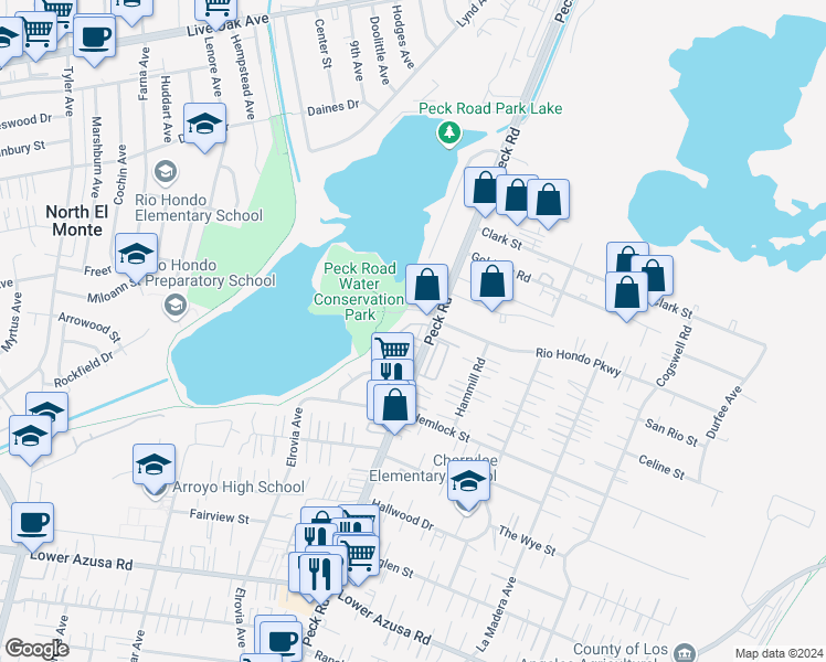map of restaurants, bars, coffee shops, grocery stores, and more near 5345 Peck Road in El Monte