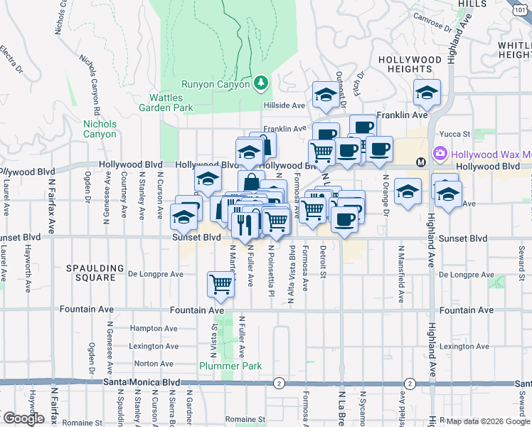 map of restaurants, bars, coffee shops, grocery stores, and more near 1540 North Fuller Avenue in Los Angeles