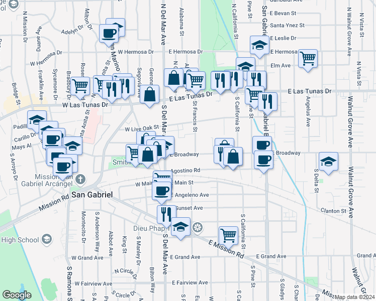 map of restaurants, bars, coffee shops, grocery stores, and more near 207 East Broadway in San Gabriel