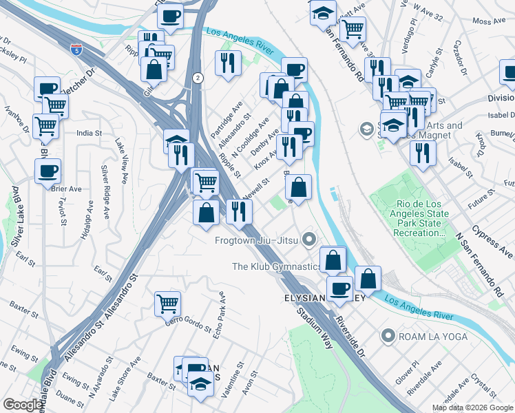 map of restaurants, bars, coffee shops, grocery stores, and more near 2671 Benedict Street in Los Angeles