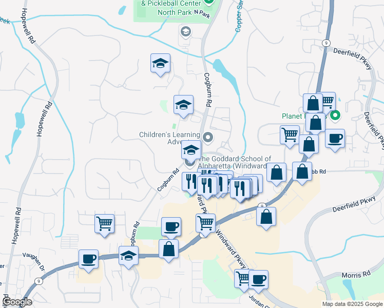 map of restaurants, bars, coffee shops, grocery stores, and more near 13080 Cogburn Road in Milton
