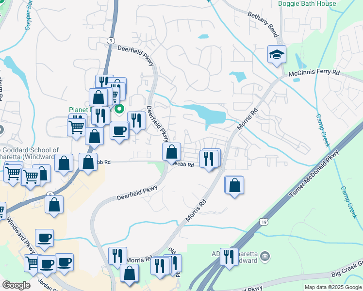map of restaurants, bars, coffee shops, grocery stores, and more near 2104 Greencrest Circle in Alpharetta