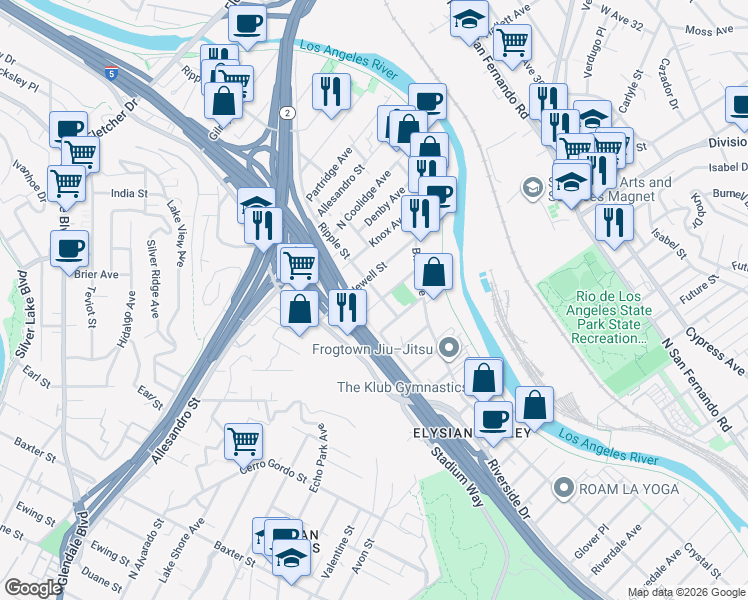 map of restaurants, bars, coffee shops, grocery stores, and more near 2664 Newell Street in Los Angeles