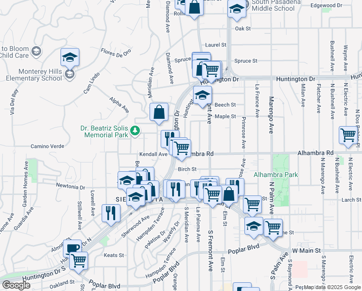map of restaurants, bars, coffee shops, grocery stores, and more near 1119 Huntington Drive in South Pasadena