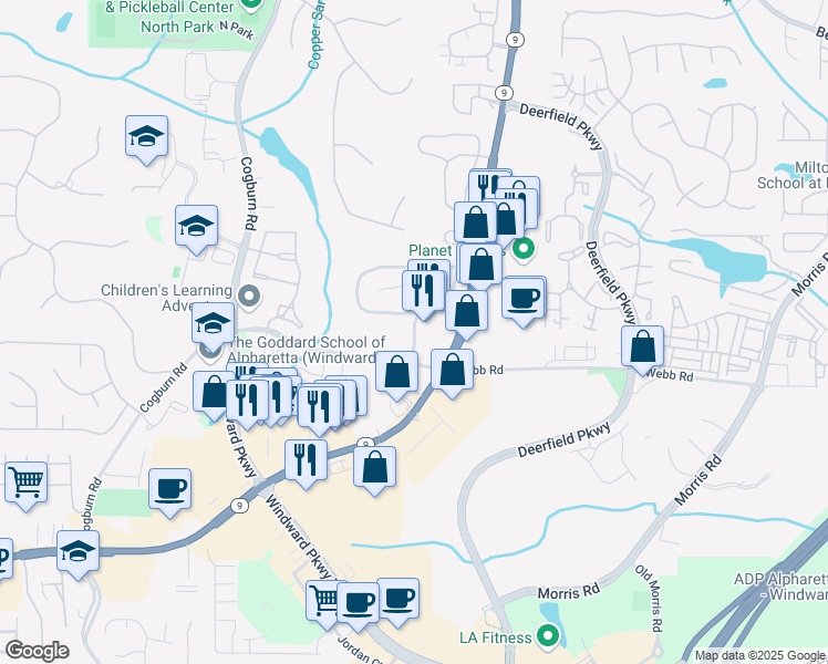 map of restaurants, bars, coffee shops, grocery stores, and more near Windward Village Parkway in Milton