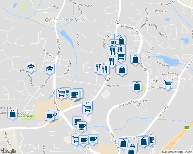 map of restaurants, bars, coffee shops, grocery stores, and more near Windward Village Parkway in Milton