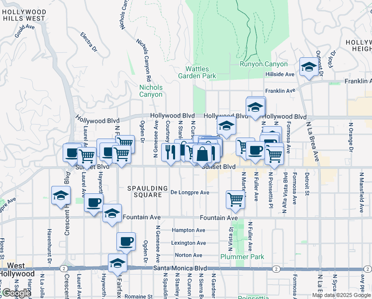 map of restaurants, bars, coffee shops, grocery stores, and more near 1538 North Stanley Avenue in Los Angeles
