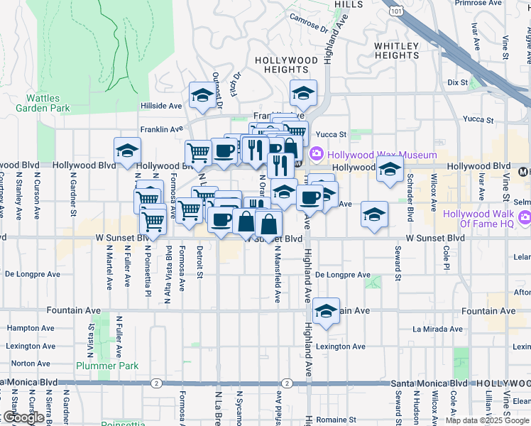 map of restaurants, bars, coffee shops, grocery stores, and more near 1530 North Orange Drive in Los Angeles
