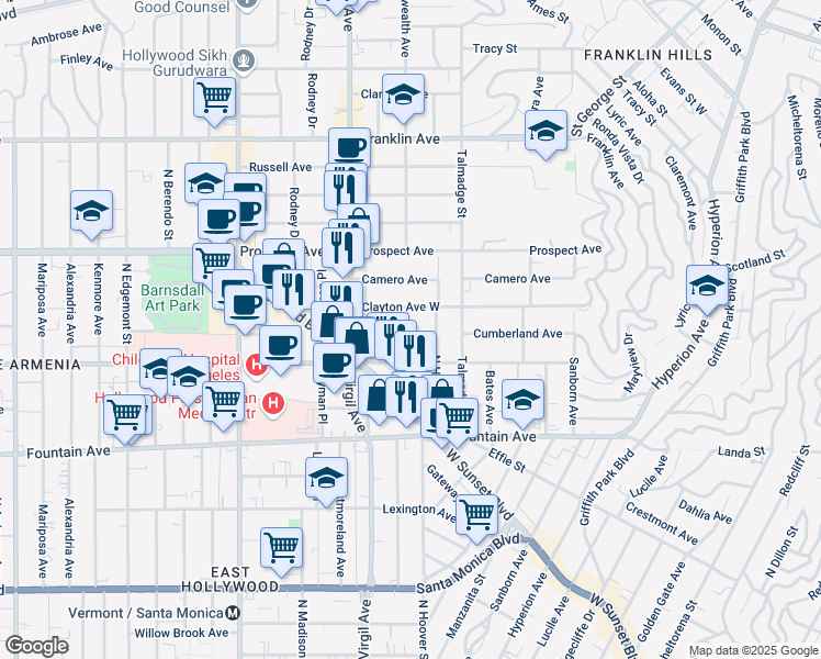map of restaurants, bars, coffee shops, grocery stores, and more near 1534 North Commonwealth Avenue in Los Angeles
