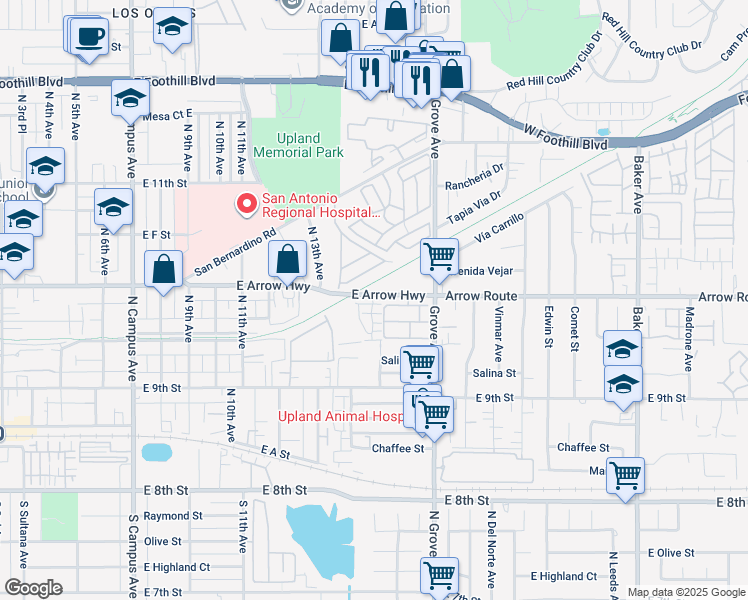 map of restaurants, bars, coffee shops, grocery stores, and more near 1447 Prairie Rose Lane in Upland