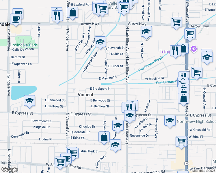 map of restaurants, bars, coffee shops, grocery stores, and more near 16747 E Brookport St in Covina