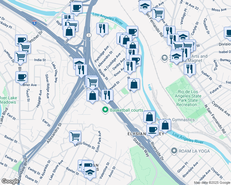 map of restaurants, bars, coffee shops, grocery stores, and more near 2671 Benedict Street in Los Angeles