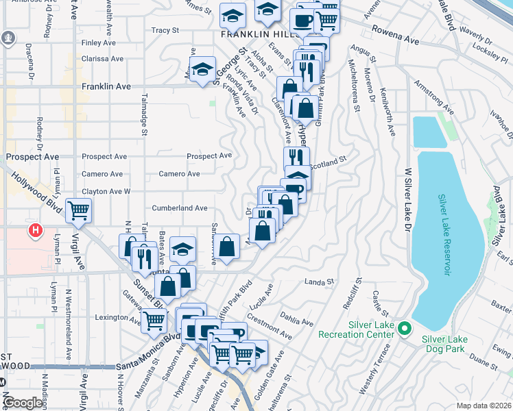 map of restaurants, bars, coffee shops, grocery stores, and more near Mayview Drive in Los Angeles